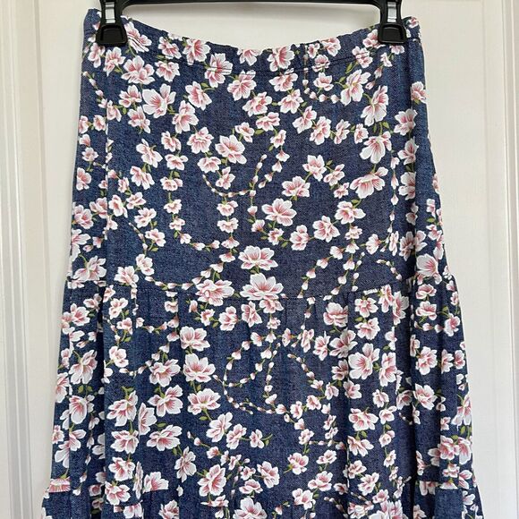 Emi & Joe Women's Medium Long Skirt Blue & Pink Floral Flare A-Line Dressy - Picture 2 of 11